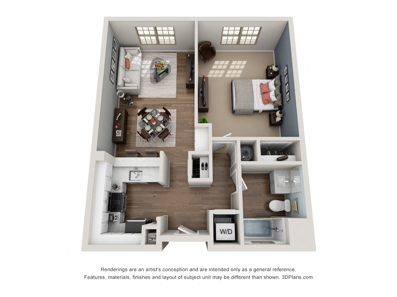 Floor plan for 1 bed, 1 bath, 723 sqft